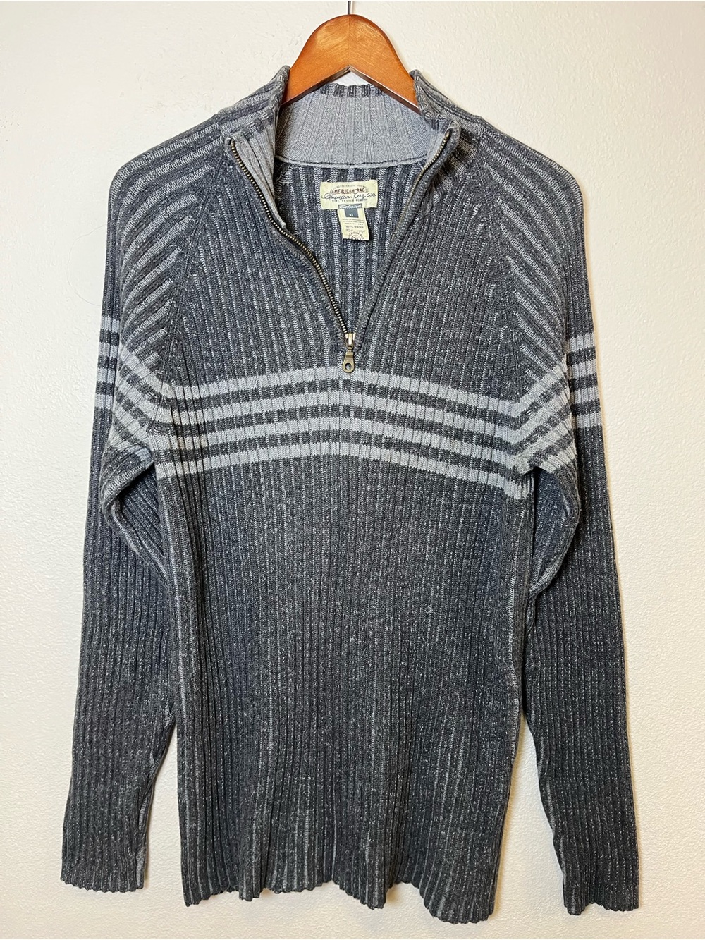 Vintage Y2K American Rag Gray Ribbed Quarter-Zip Sweater with Light Gray Stripes